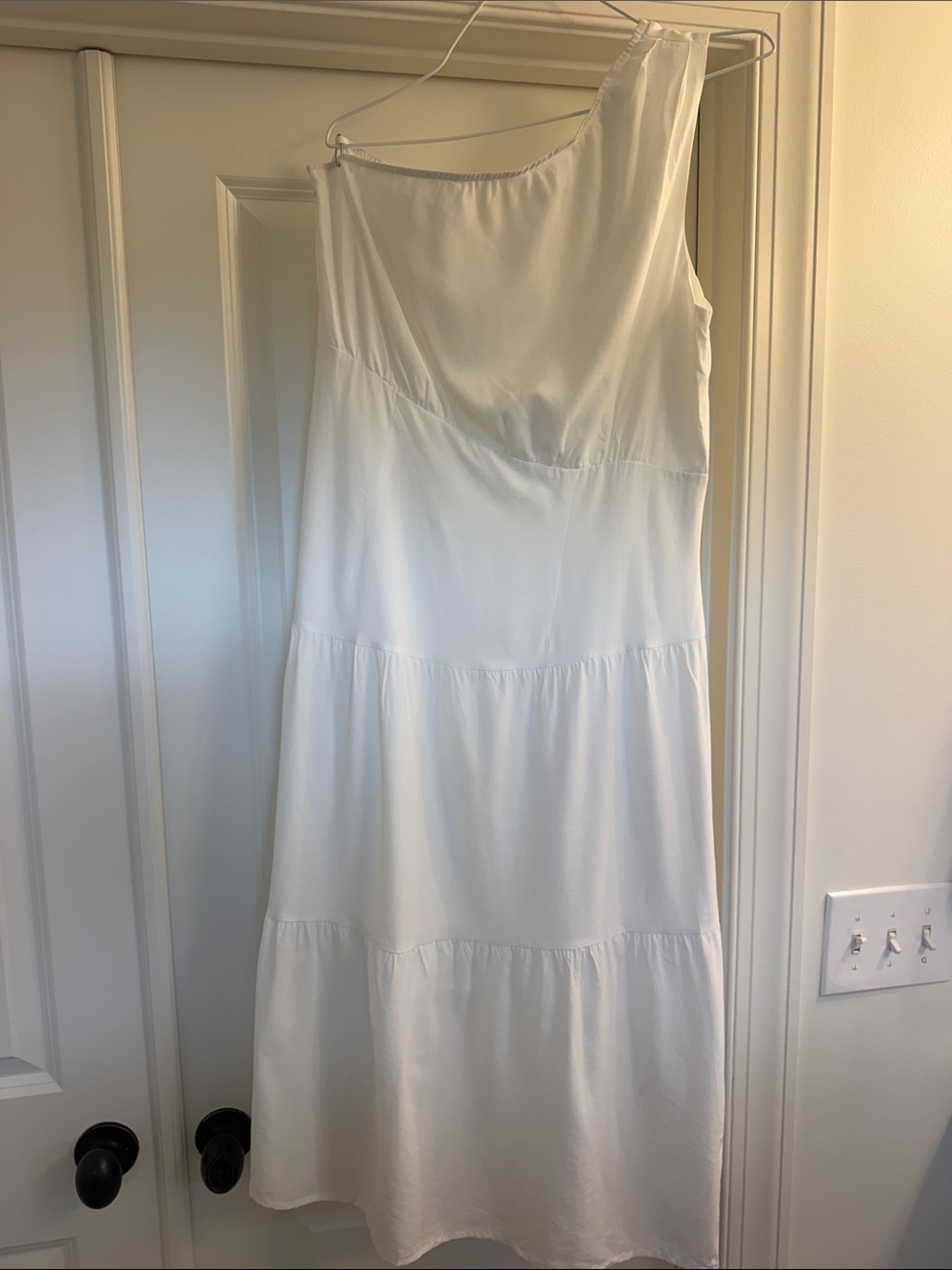 One-Shoulder White Tiered Midi Dress